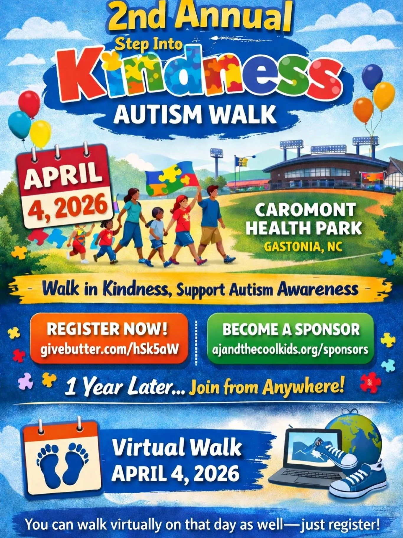 💙 SAVE THE DATE 💙

Mark your calendars for the 2nd Annual Step Into Kindness Autism Walk on April 4, 2026 at CaroMont Park in Gastonia, NC!

This is more than a walk, it&rsquo;s a celebration of kindness, community, and support for families impacte