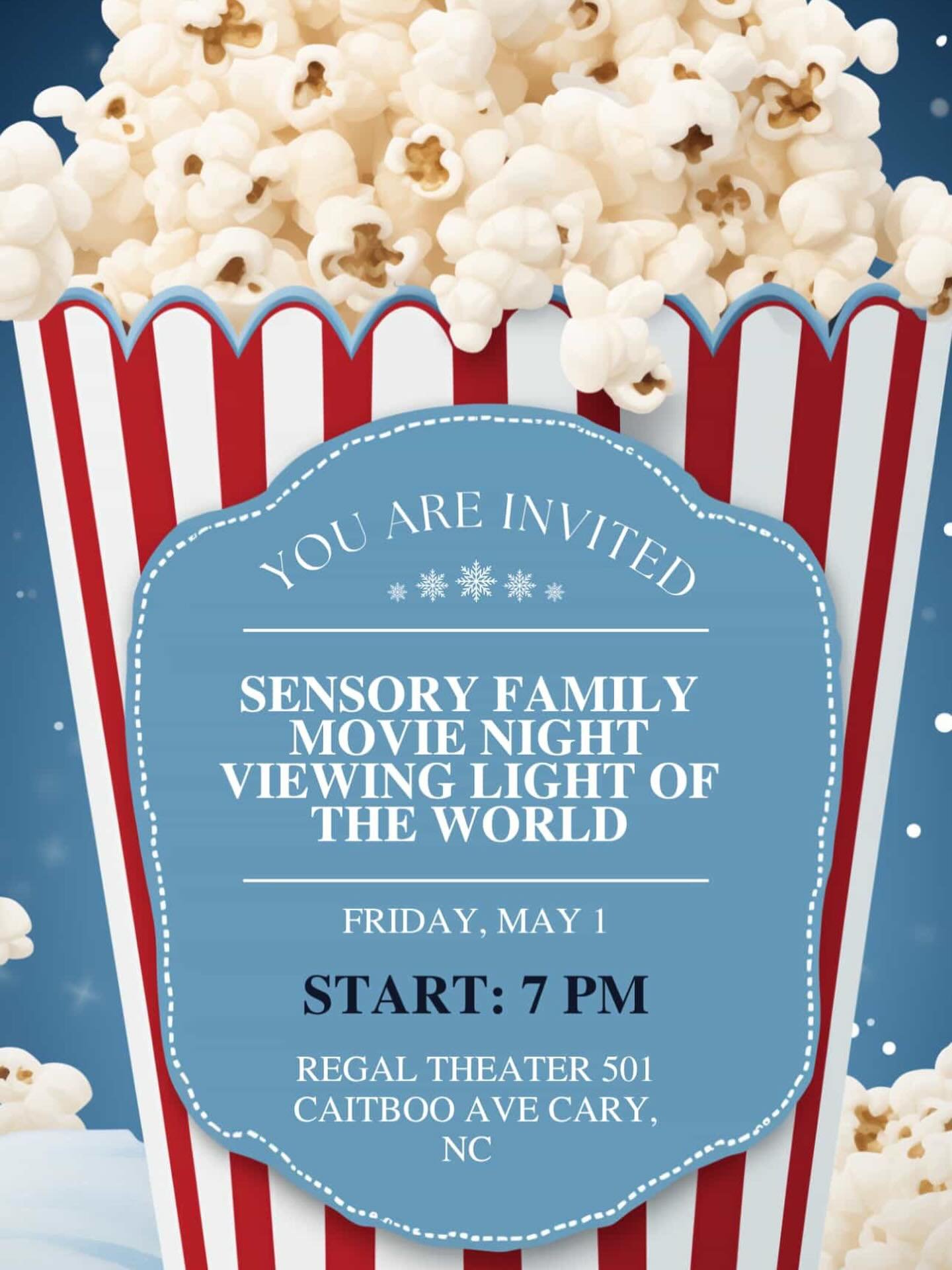 🎬✨ Family Movie Night for a Cause!

Join us May 1, 2026 for a sensory-friendly movie experience for children with autism and their families 💙

📍 Regal Theater, Cary
🕡 Doors open at 6:30 PM (arrive by 6:50 PM)
🎟️ FREE admission &mdash; limited se