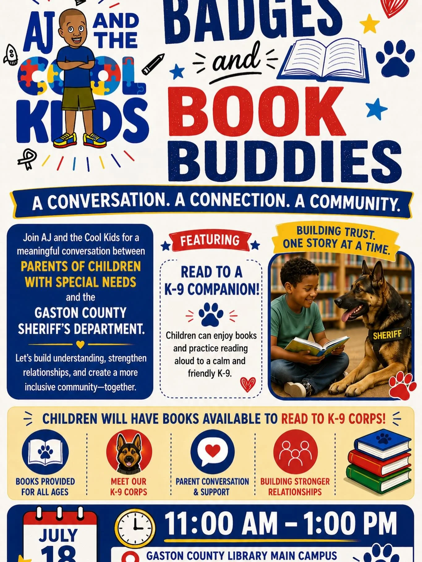 📚🐾 BADGES &amp; BOOK BUDDIES IS COMING TO GASTONIA! 🐾📚

AJ and the Cool Kids is proud to partner with the Gaston County Sheriff&rsquo;s Department for a special community event designed to bring families, law enforcement, and children together th