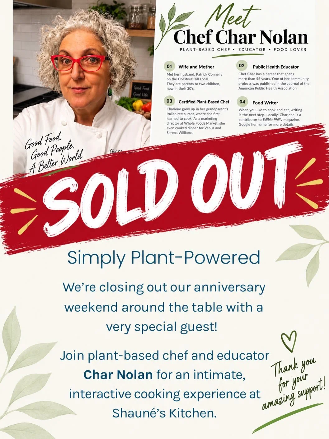 🎉 Shaun&eacute;&rsquo;s Kitchen is turning ONE! 🌱💚

SOLD OUT!! 🙌🏾 We are officially at capacity for Simply Plant-Powered with Chef @char_nolan, and I&rsquo;m SO excited! Thank you for the incredible response! 💚

Want in? Join the waitlist&mdash
