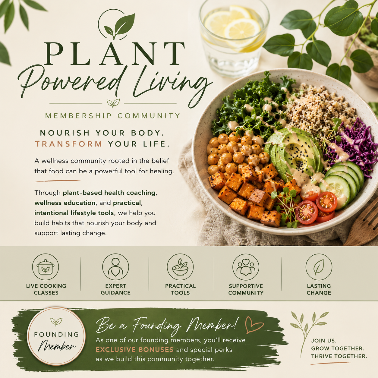 Plant Powered Living Membership flyer listing all details of the program