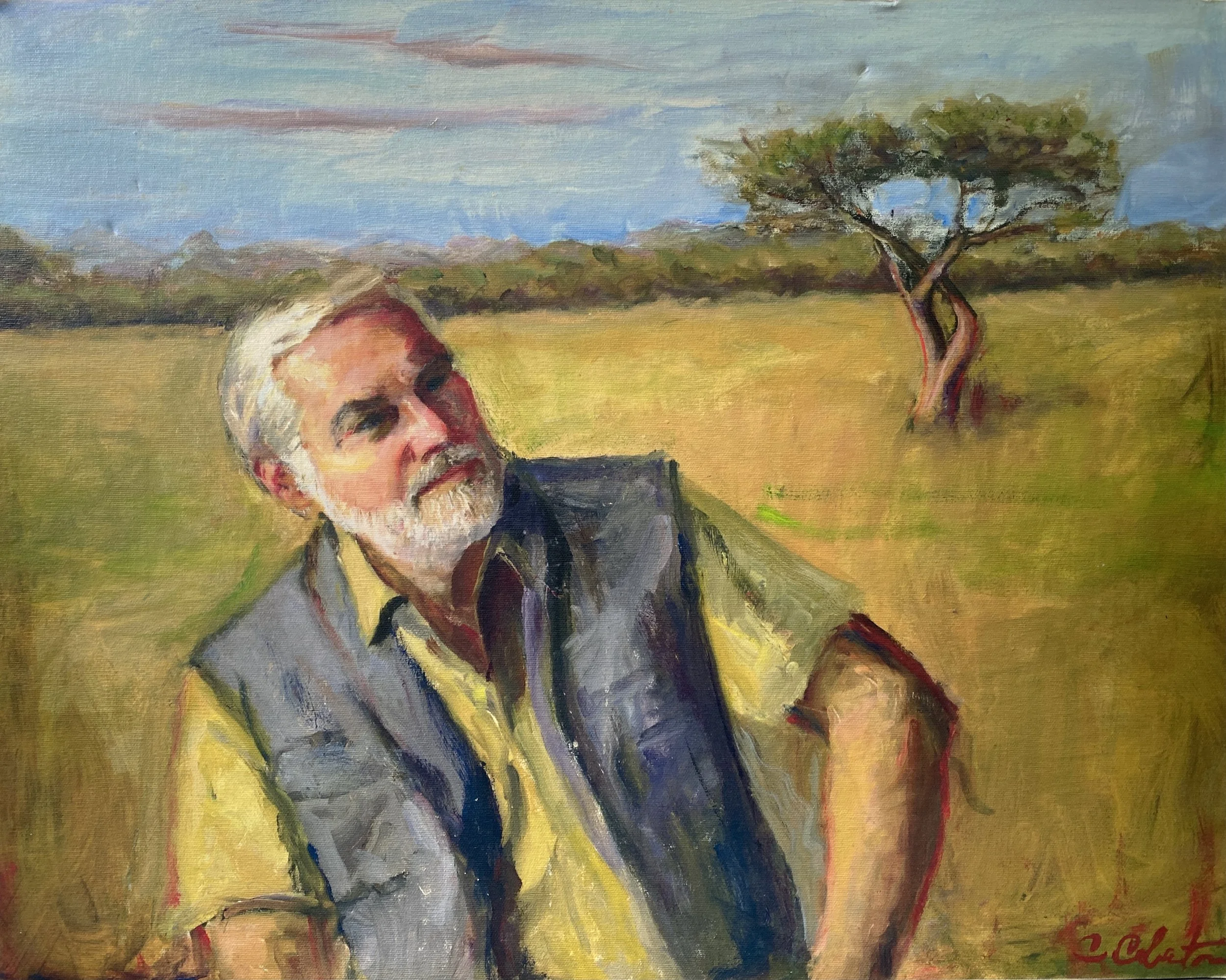 A painting of an older man with white hair and a beard, wearing a gray vest over a yellow shirt, standing in a grassy field with a few trees and a blue sky in the background.