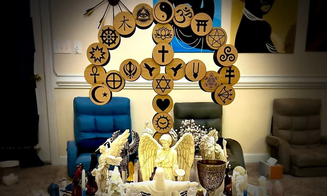 Temple of Omnia's sacred altar with the Faith Tree displaying symbols of various religious and spiritual traditions, surrounded by candles and angel figures.