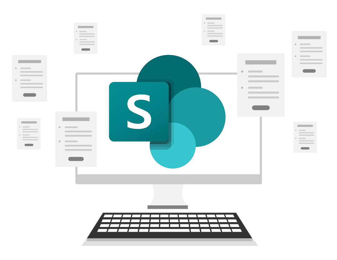 Computer monitor displaying the Microsoft Teams logo with multiple chat windows in the background.