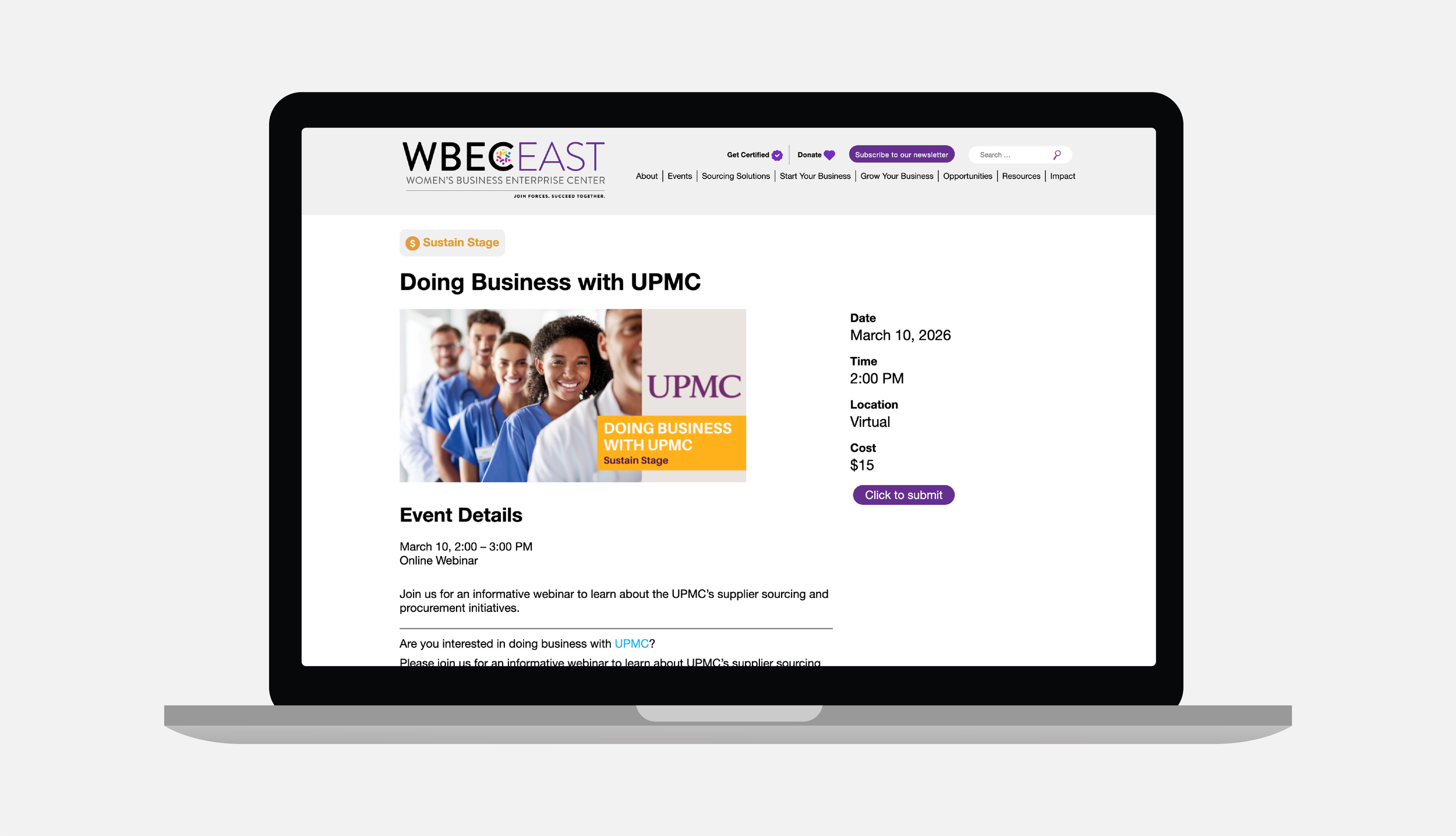 Laptop displaying an event page for a webinar titled 'Doing Business with UPMC,' scheduled for March 10, 2026, at 2:00 PM, hosted by Women's Business Enterprise Center, with a photo of smiling diverse healthcare professionals in blue scrubs.