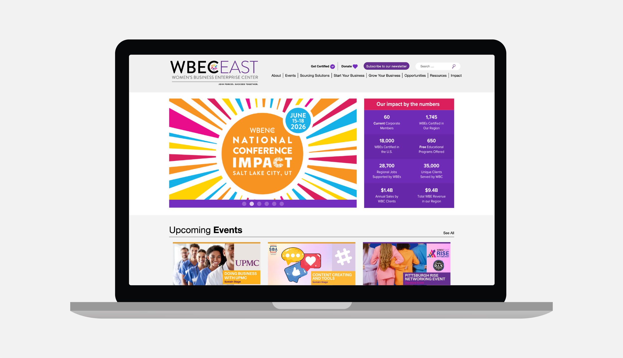 Laptop screen displaying the homepage of WBENC, Women’s Business Enterprise Center, featuring colorful graphics about a conference in Salt Lake City, Utah, and upcoming events.