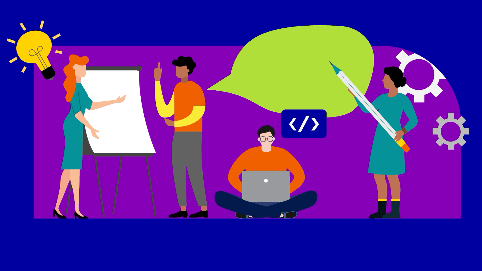 Illustration of four people working together on a tech project, with a light bulb symbolizing ideas, gears representing engineering, a laptop, and a speech bubble indicating discussion.