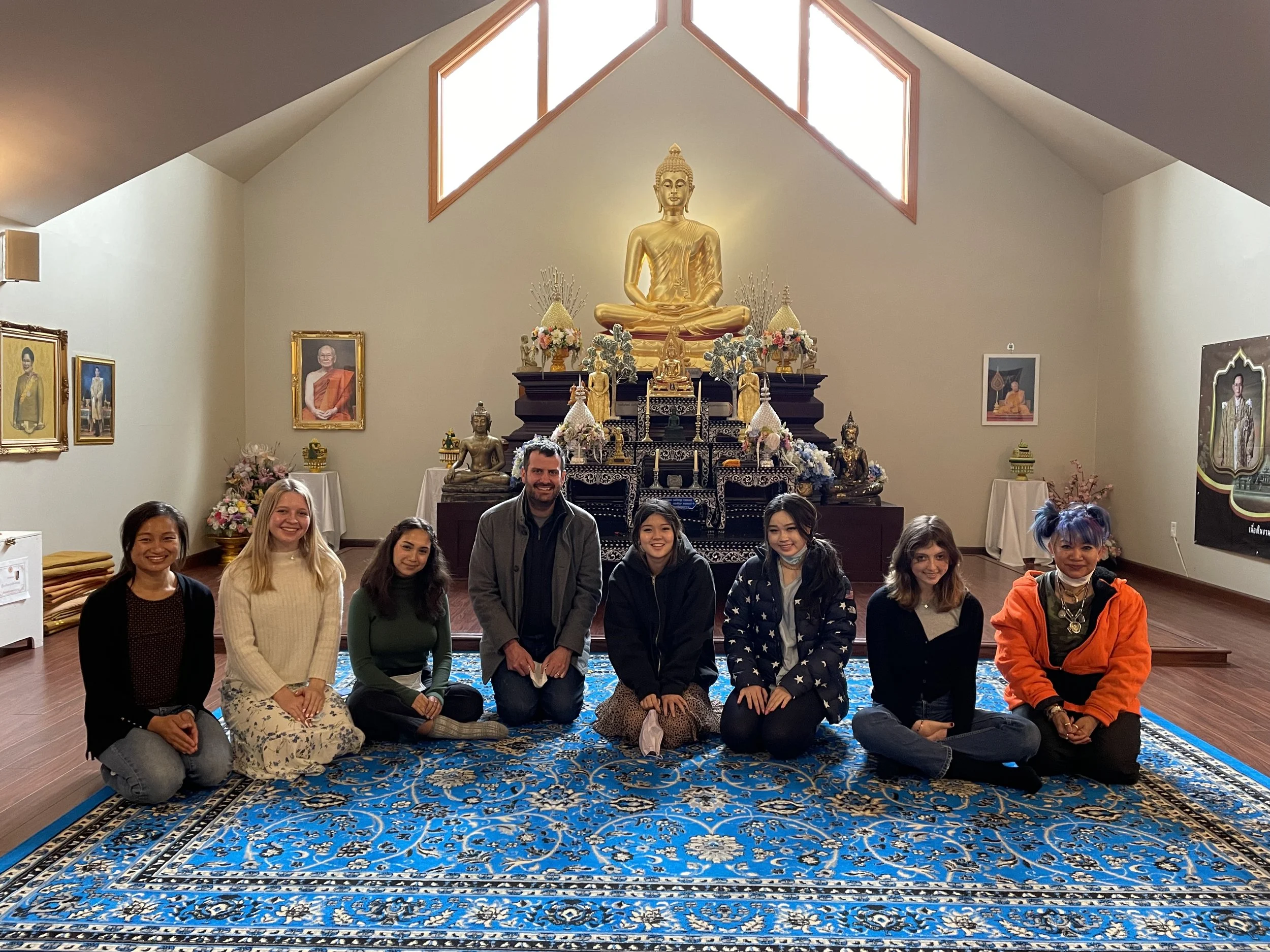Workshoppers with layperson Amy at the Boston Buddha Vararam Temple in Bedford, Massachusetts. 