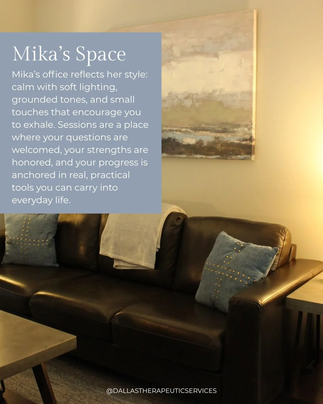 Therapy with Mika feels like a balance of comfort and challenge: you&rsquo;ll laugh, you&rsquo;ll be nudged, and sometimes you&rsquo;ll be stretched beyond your comfort zone but always with her steady support (and often Bentley the therapy dog) by yo