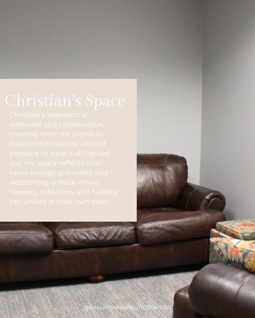 A safe space can make all the difference when it comes to healing. Christian&rsquo;s office is designed to feel grounded and welcoming, a place where you can slow down, share openly, and begin working through the patterns or struggles that have been 