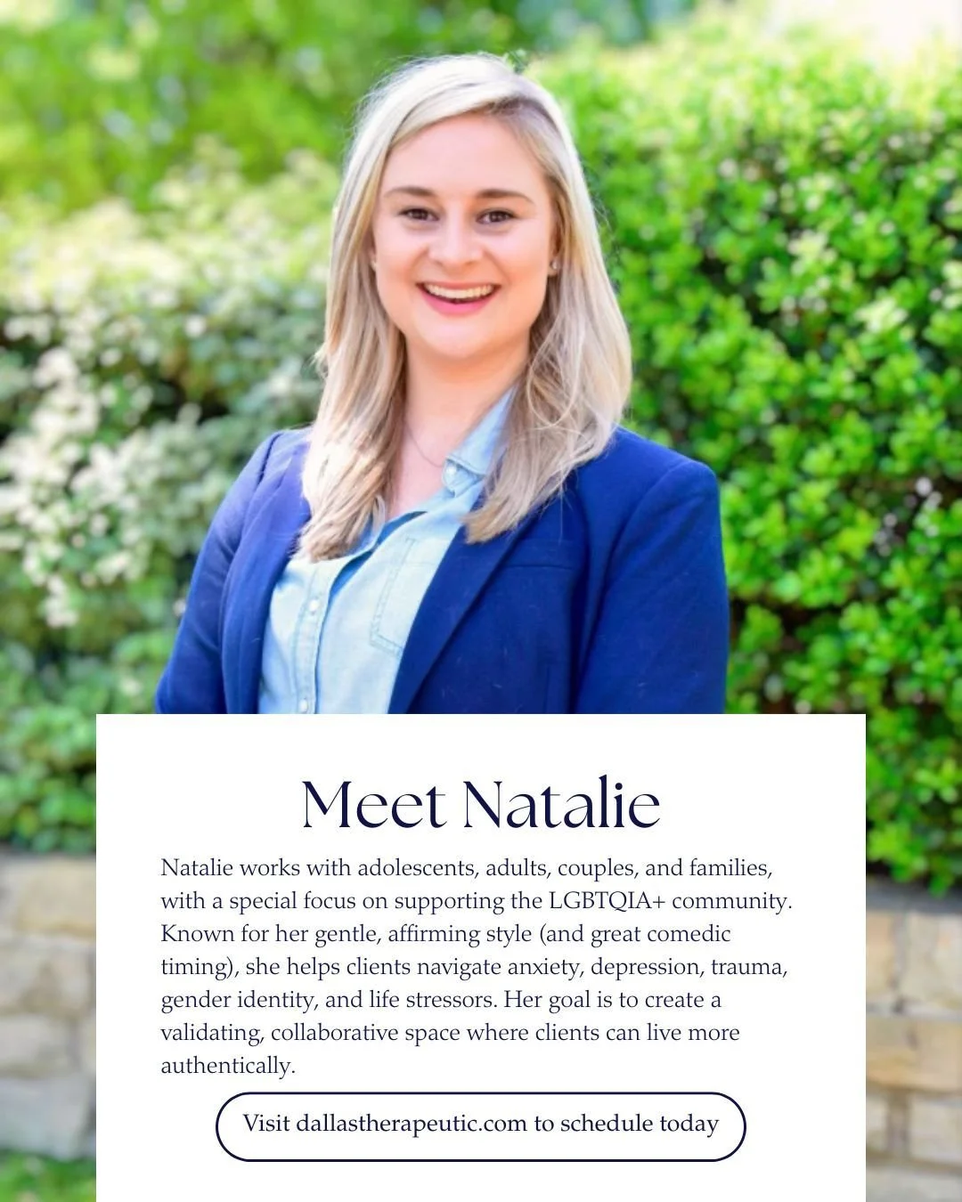 Finding a space where you feel truly seen and affirmed can make all the difference in therapy. Natalie Smith-Low, LCSW-S, brings gentleness, patience, and an affirming presence to her work with adolescents, adults, couples, and families. She speciali