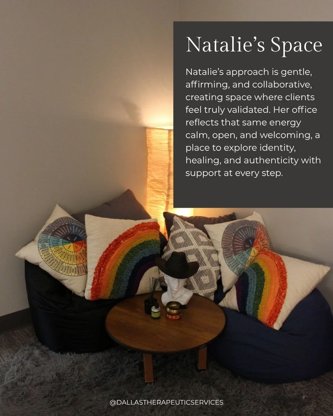 A therapy space should feel like somewhere you can breathe easier, and Natalie&rsquo;s office is just that. Rooted in gentleness and affirmation, it&rsquo;s a space where clients can be themselves fully while receiving support for whatever they&rsquo