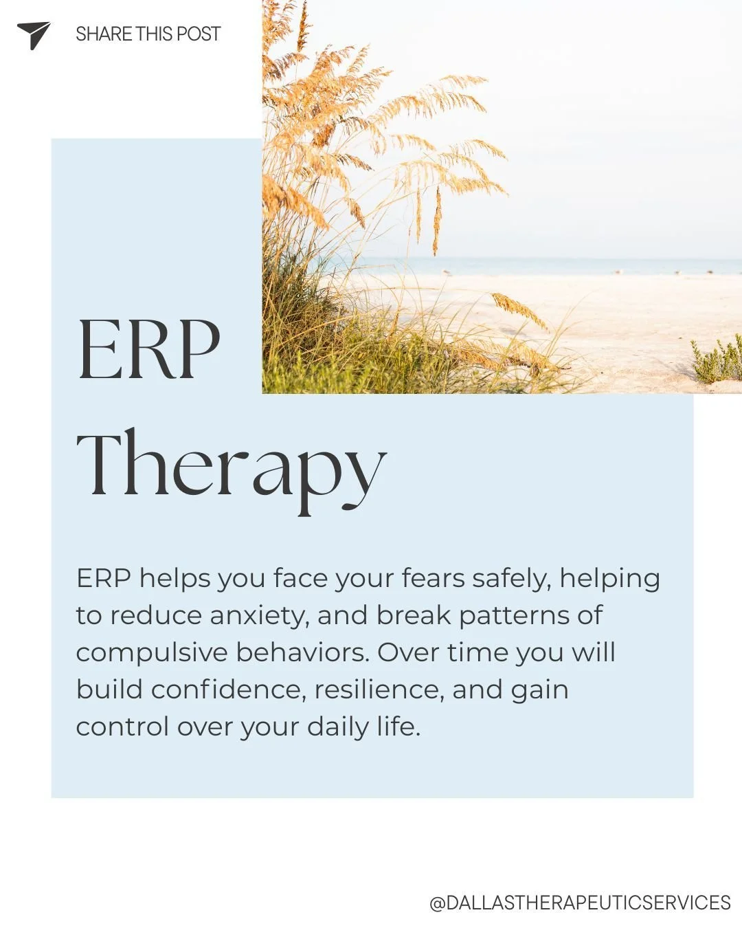 ERP, or Exposure and Response Prevention, is a type of therapy that helps people gradually face fears, intrusive thoughts, or anxiety-triggering situations in a safe, structured way. It serves as one of many tools to we use to help clients move towar
