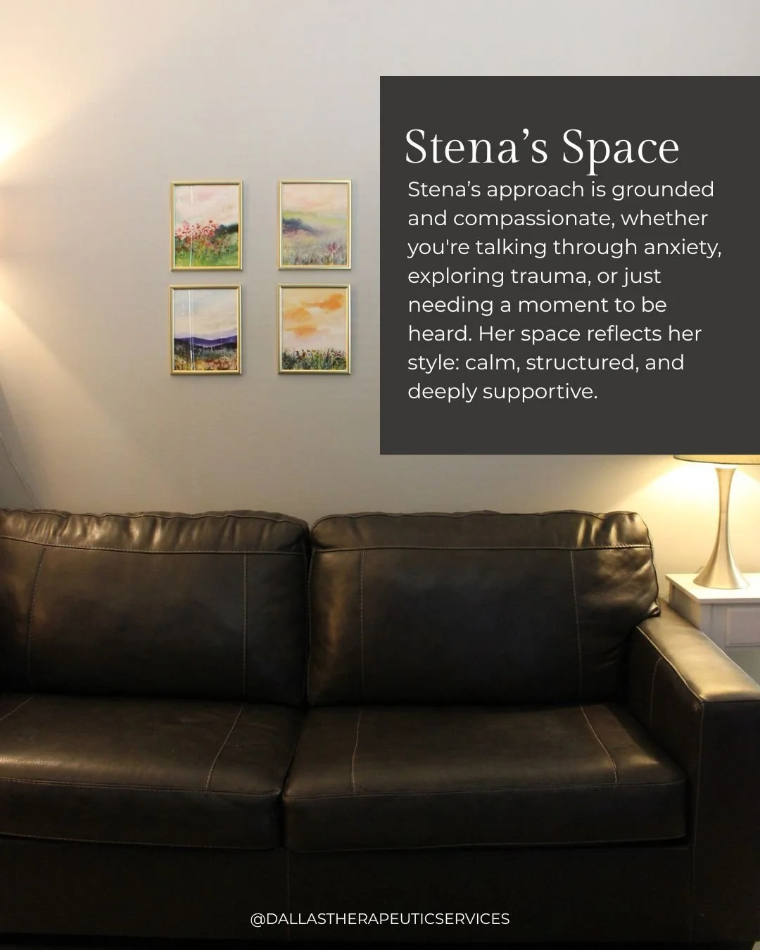 Stepping into Stena&rsquo;s space feels like taking a deep breath you didn&rsquo;t know you needed. Her approach is both grounded and compassionate, offering structure when life feels overwhelming and warmth when comfort matters most. 

Whether you&r