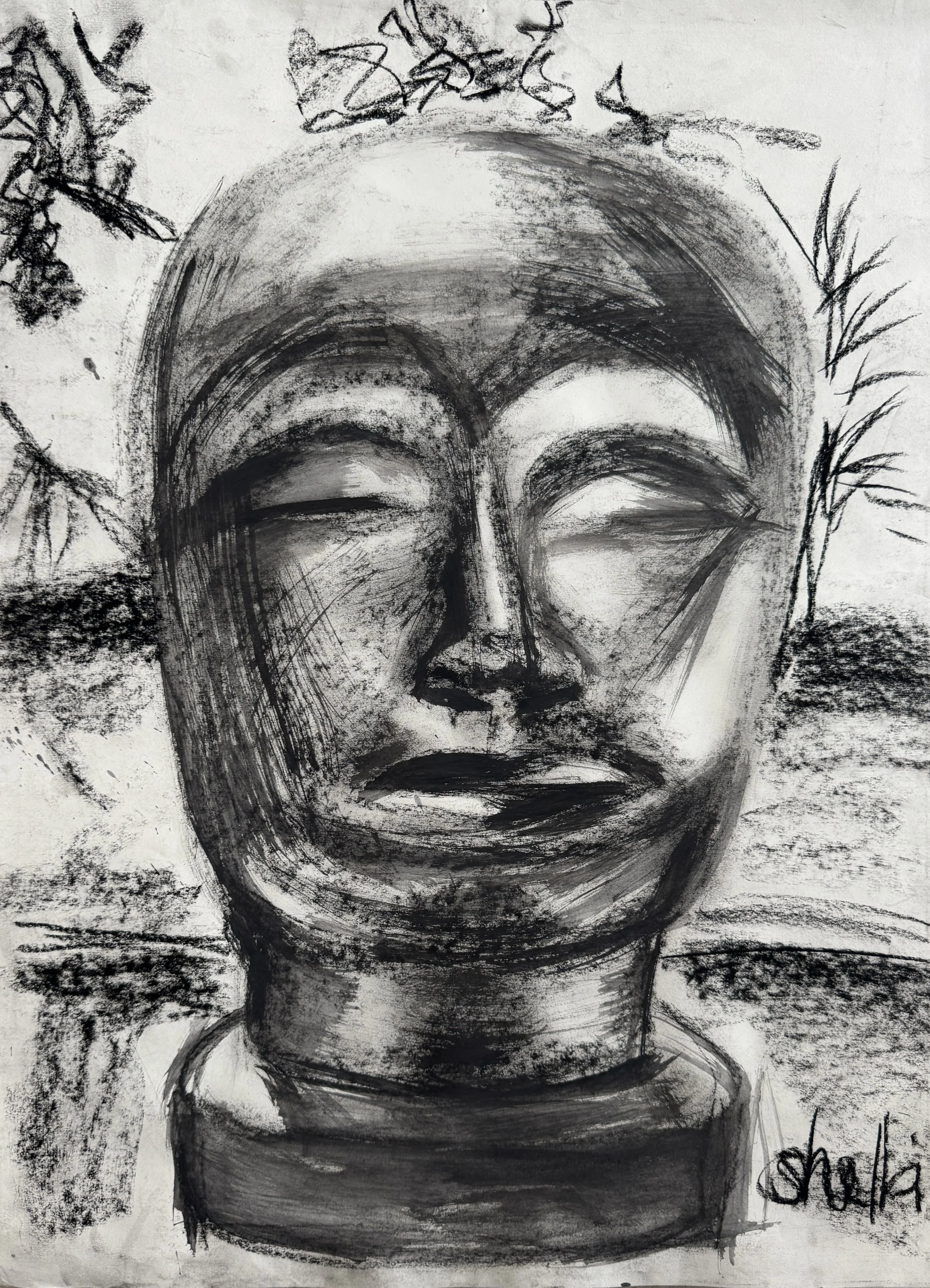 "Jun Kaneko Head," Charcoal and ink on paper, 18 x 24 in., 2018.