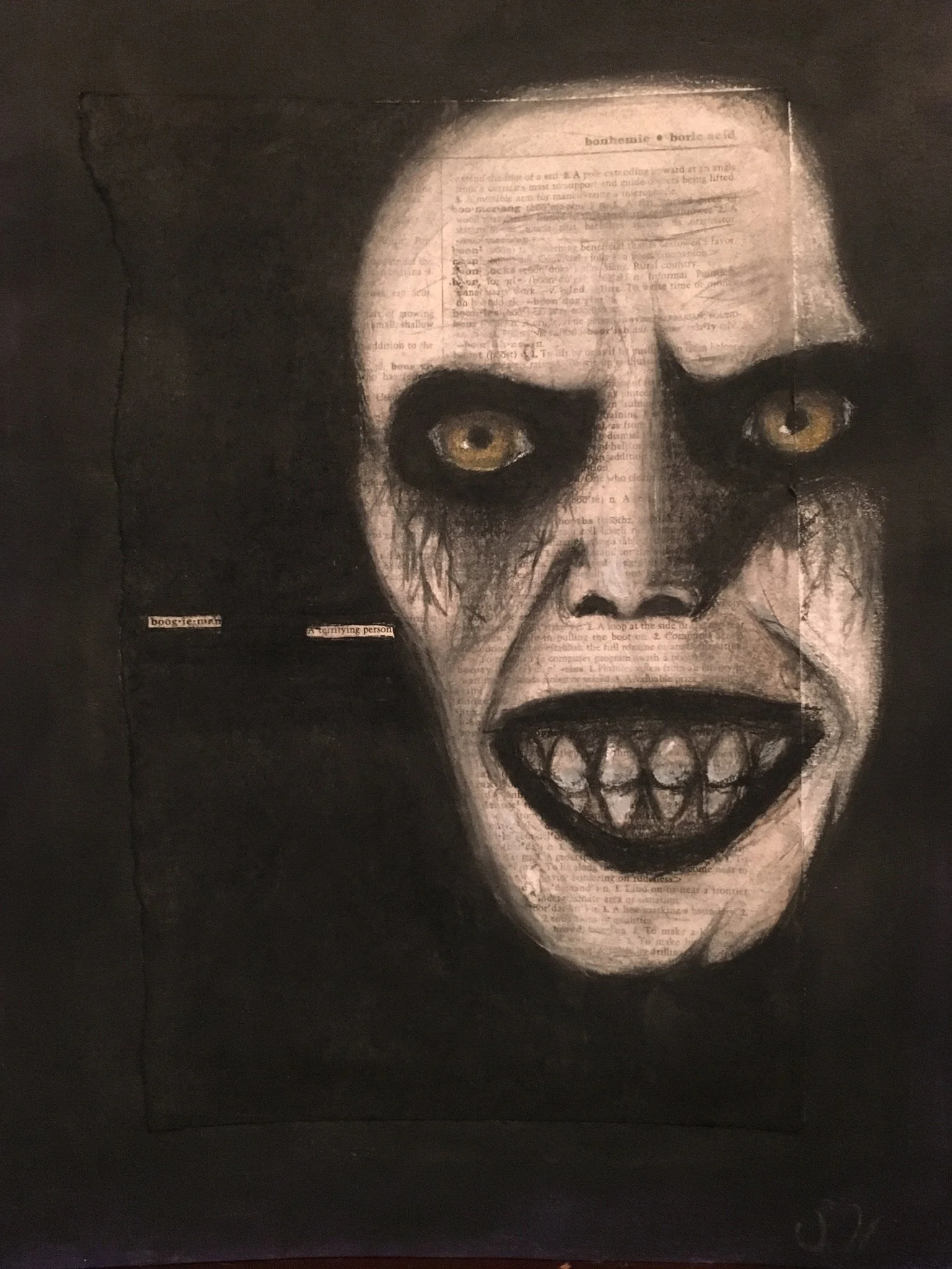 "Boogeyman," Charcoal on dictionary paper, 2018.