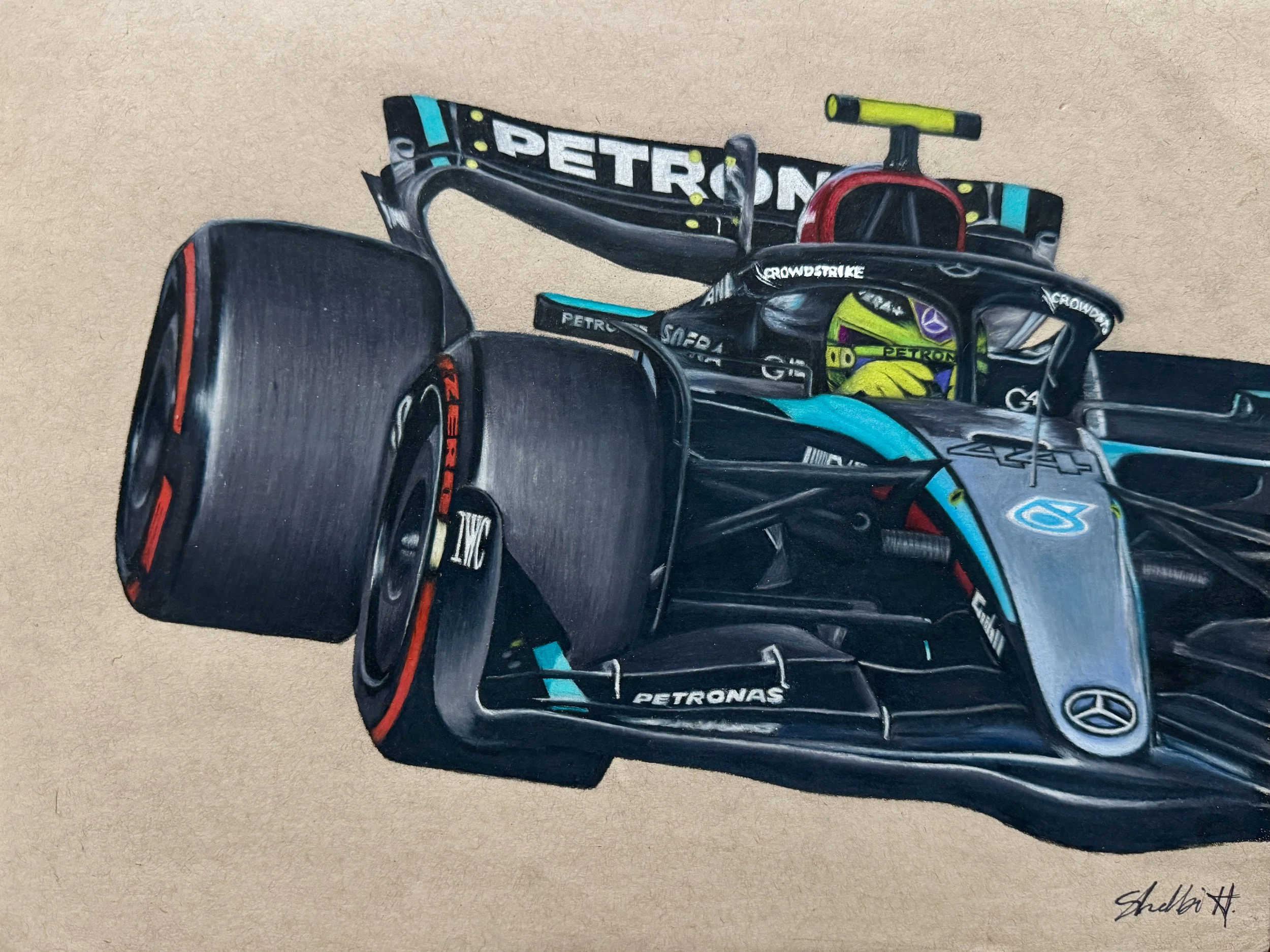 "Mercedes F1," Colored pencil on Strathmore toned tan paper, 9 x 12 in., 2024.