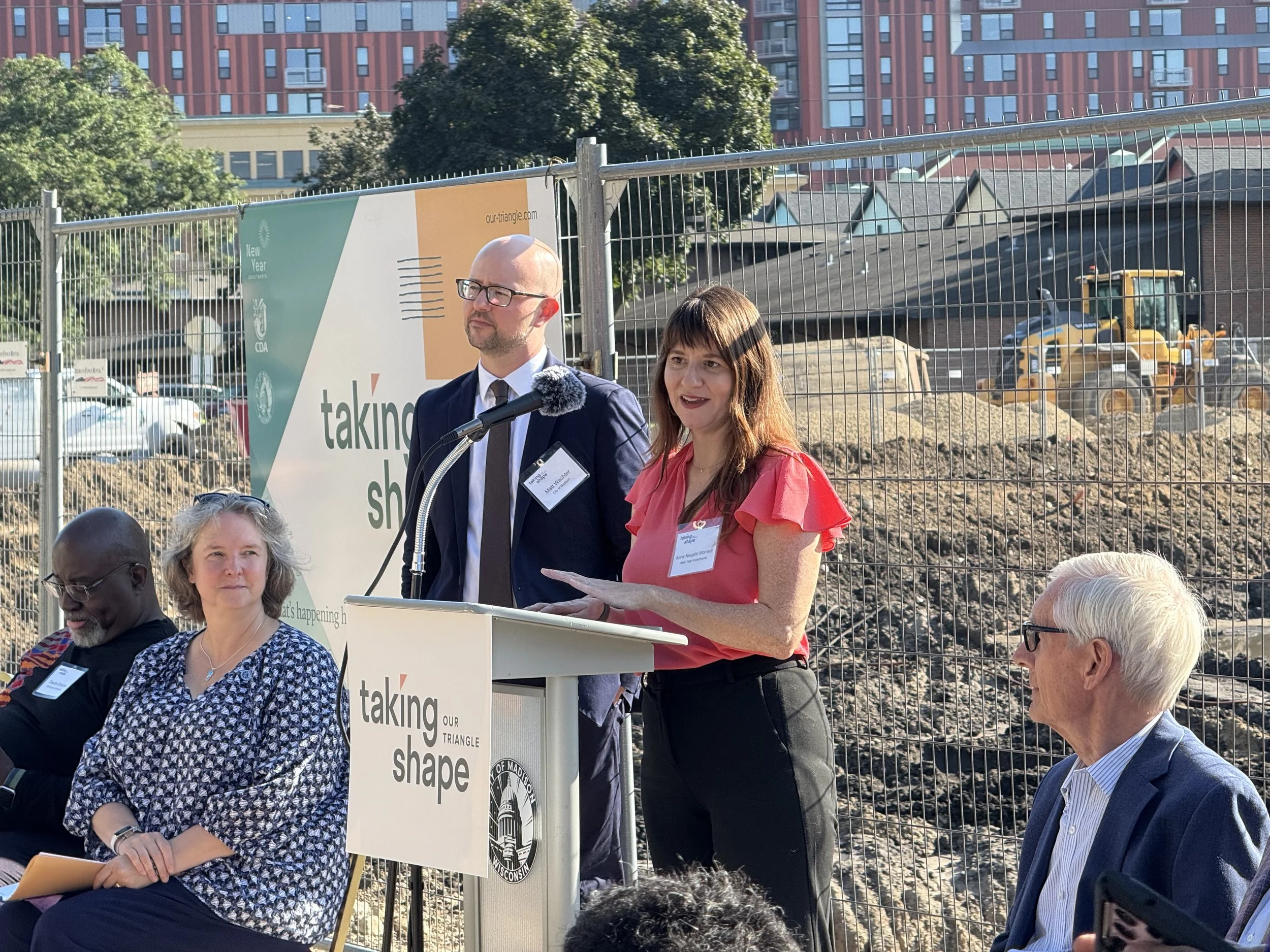 Anne Neujahr Morrison of New Year Investments gives remarks at the Taking Shape B1 Groundbreaking.