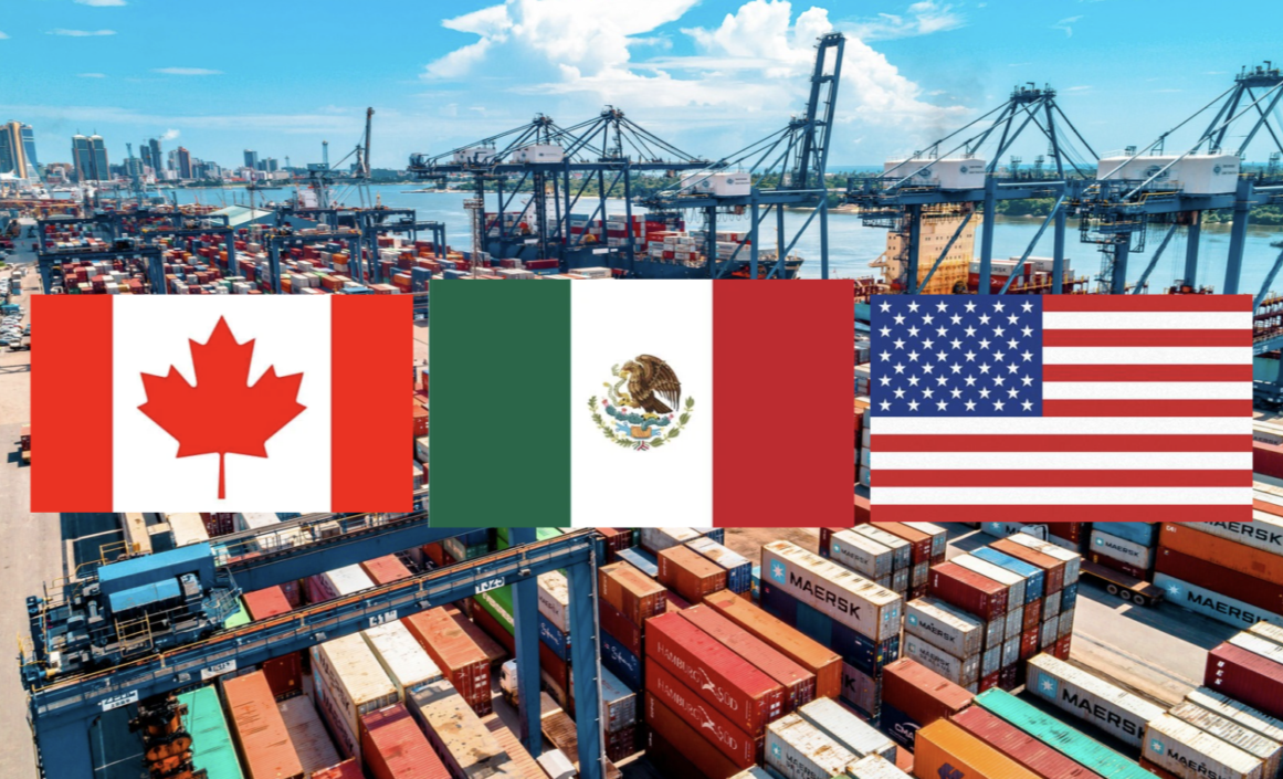 Imagen de contenedores en un puerto con las banderas de México, -Estados Unidos y Canadá