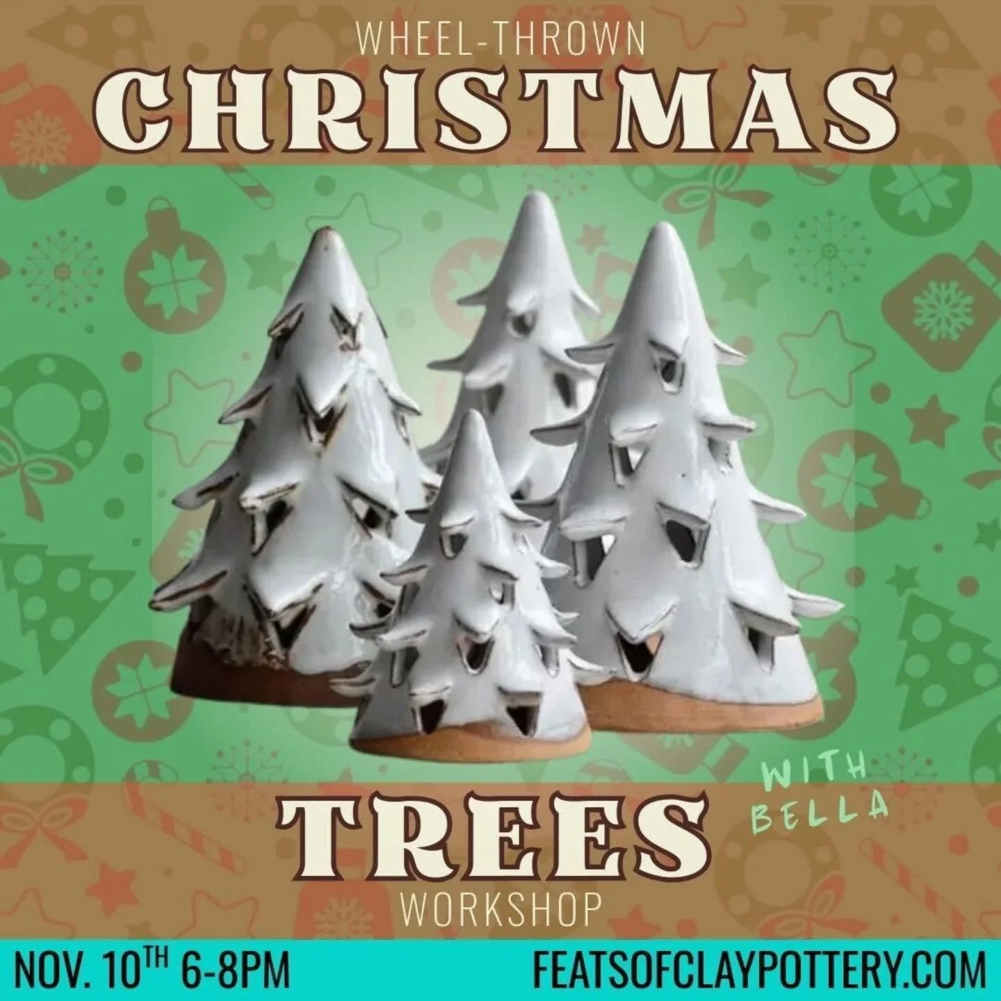 🎄In this holiday themed workshop, Bella will teach you to wheel throw your own Christmas Trees! One dip glaze is included, but students can schedule a glaze class to learn to glaze their own work in a more detailed way!
Class fee includes materials,