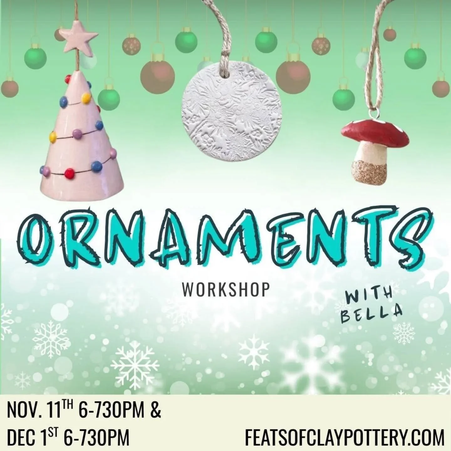 🌟 We are at it again! Excited to offer another ornament workshop where students are welcome to come and make up to 5 ornaments each! Perfect holiday gifts and a wonderful holiday memory to share with the family. Sign up while seats are available! Cl