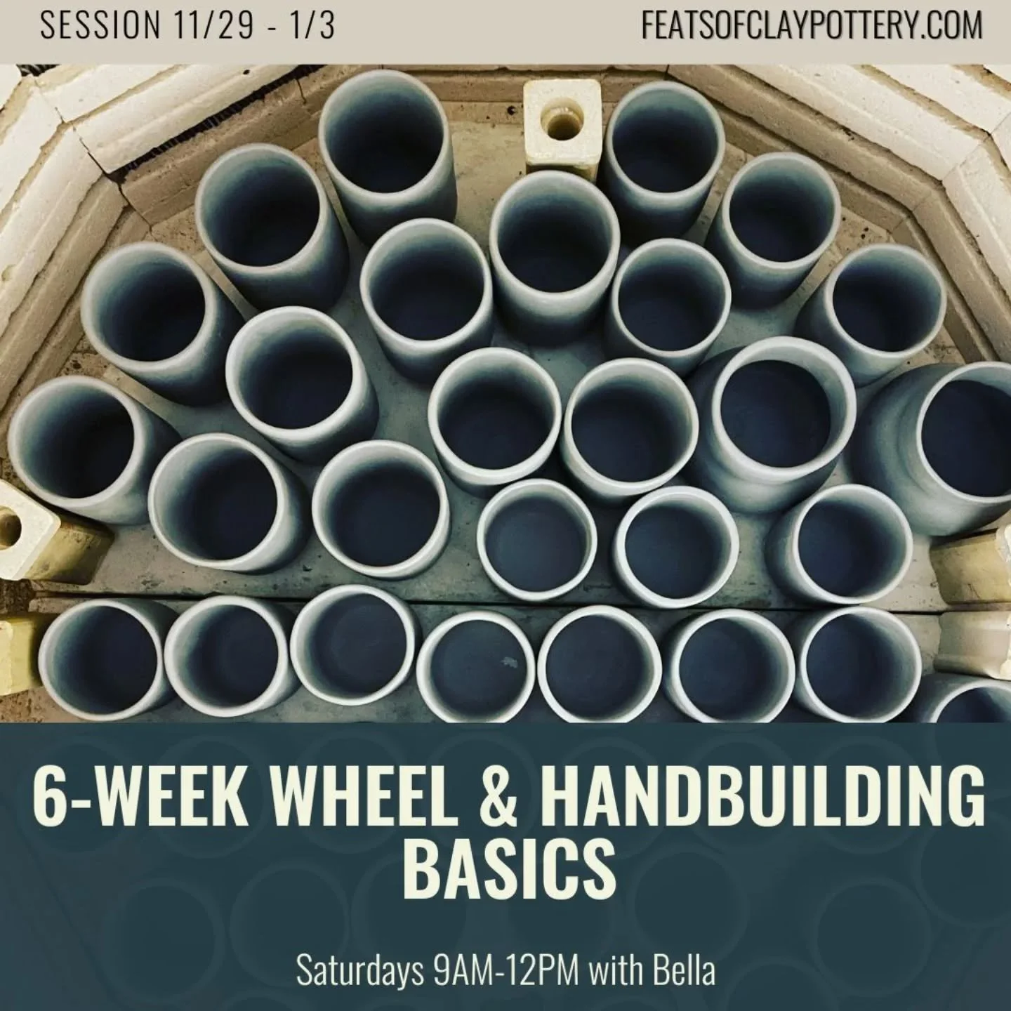 Start your weekends off right with clay in this 6-week class with Bella!
This class is beginner &amp; returning student friendly :) Class fee includes materials, firing fees, tool usage, &amp; open studio time :)

Register at featsofclaypottery.com/c