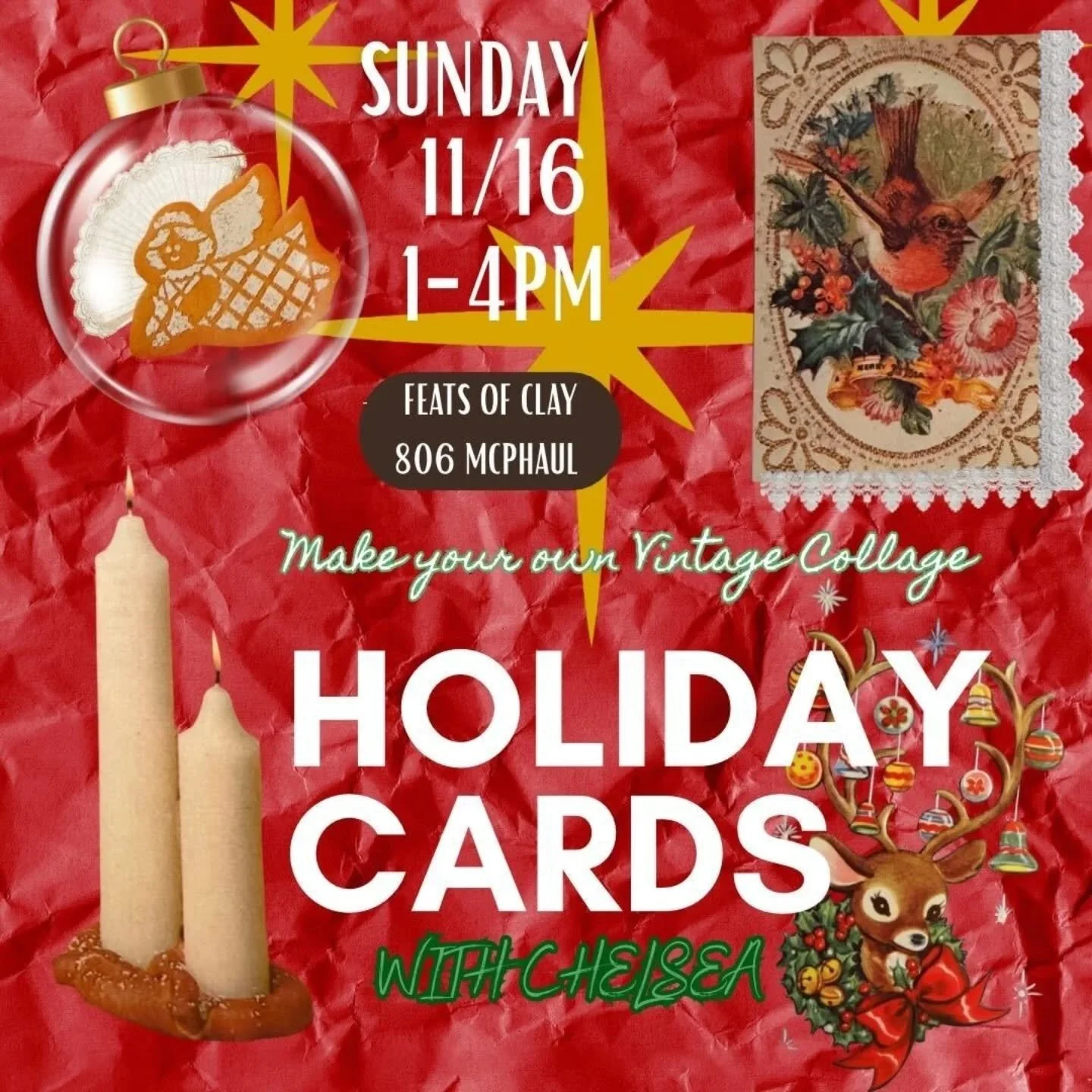 🎁 This class includes collaging and using multi media art tools to create the perfect handmade holiday cards!
You can bring a photo of you or your family to include in the card if you would like! Materials will be vintage to create a one of a kind c