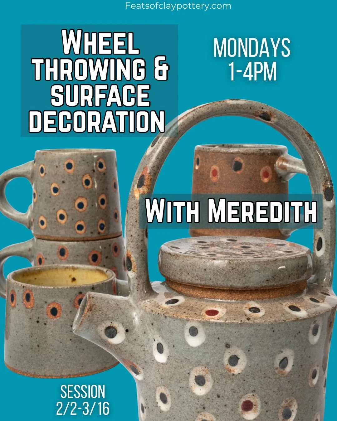 One of the things we love about pottery is all the ways to jazz up your piece! Explore many techniques such as texturing, hand carving, under glazing &amp; more with Meridith on Mondays! This 6week mid-day session meets once a week for 3hrs. BEGINNER