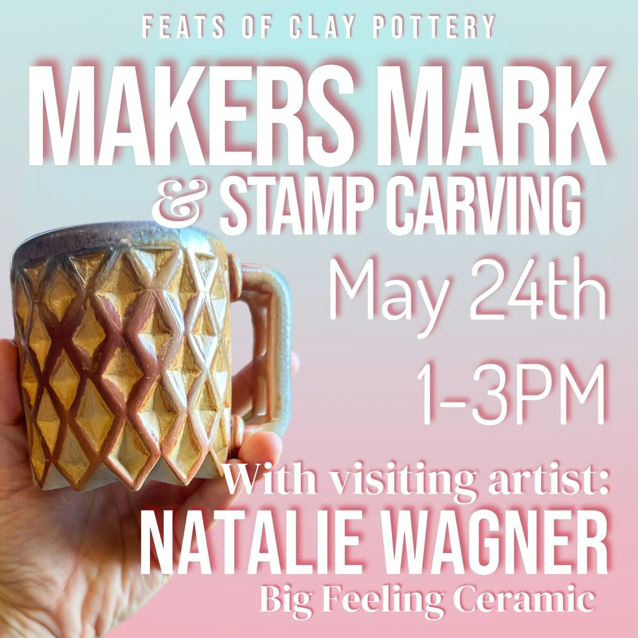 WWOORRKKSSHHOOPP with visiting artist Natalie Wagner with @big_feeling_ceramics! Makers Mark &amp; Stamps with pro carving artist Natalie, will deep dive into techniques and tools to create your very own stamps and makers mark! 
Whats a makers mark? 