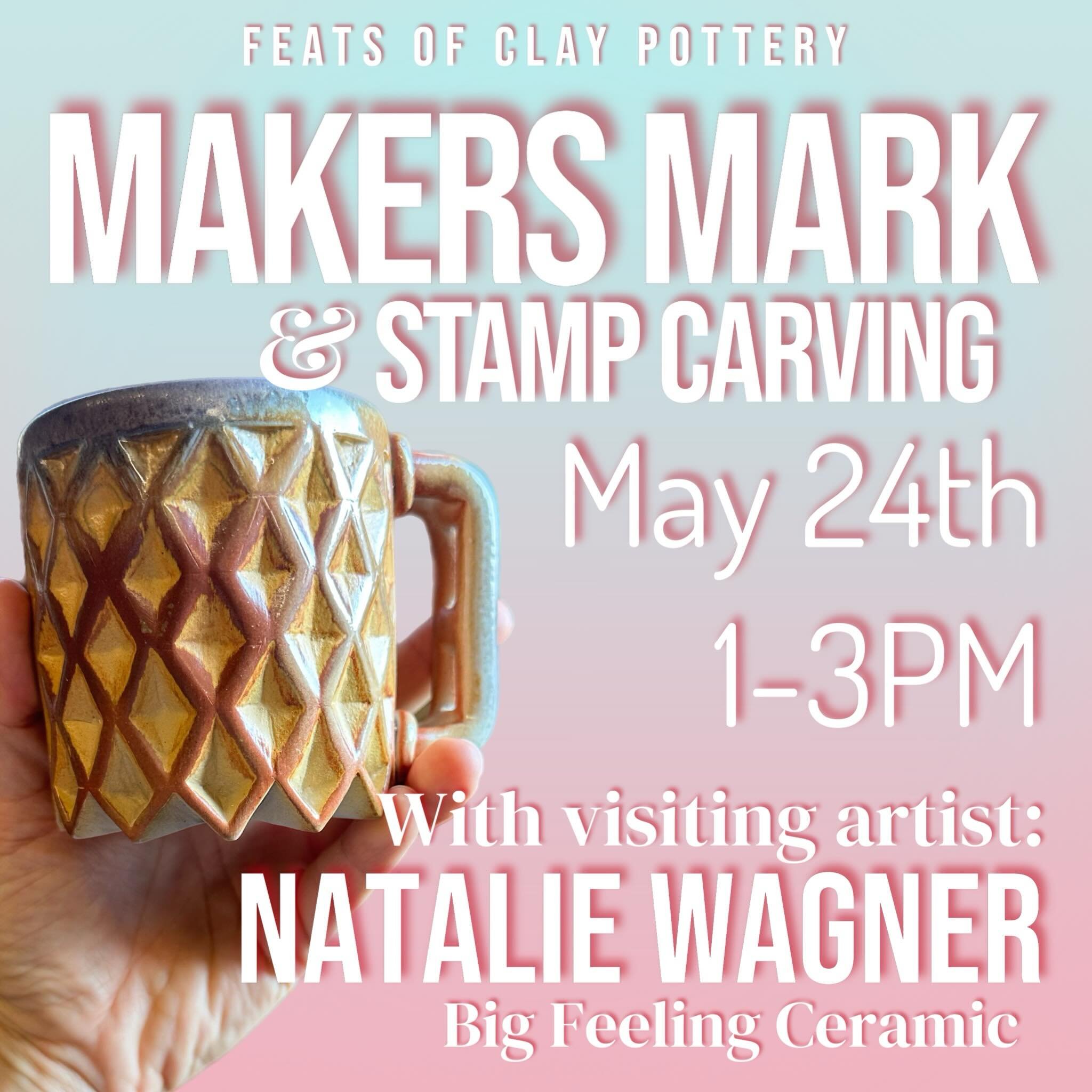 WWOORRKKSSHHOOPP with visiting artist Natalie Wagner with @big_feeling_ceramics! Makers Mark &amp; Stamps with pro carving artist Natalie, will deep dive into techniques and tools to create your very own stamps and makers mark! 
Whats a makers mark? 