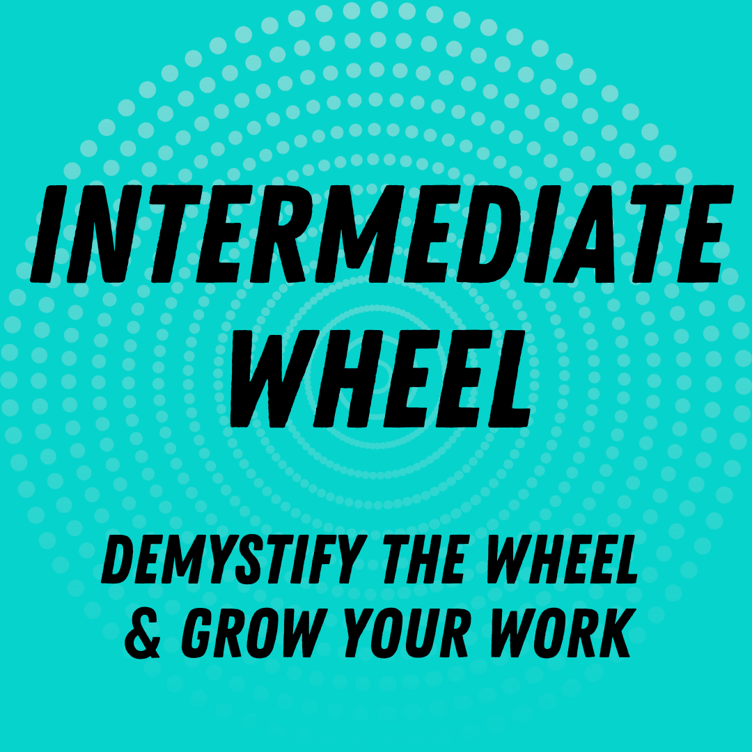 Text that reads "INTERMEDIATE WHEEL" and "Demystify the wheel & grow your work" on a blue, dotted, circular pattern background.