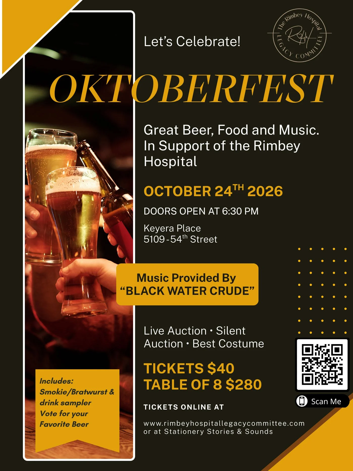 Event flyer for Oktoberfest celebration featuring beer, food, and music, supporting Rimbey Hospital on October 24, 2026, at Keyera Place, with details about tickets, auction, and entertainment.