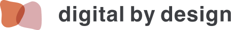 Logo with abstract shapes in pink, peach, and tan and the text 'digital by design' in black.