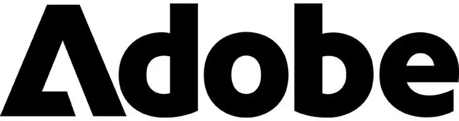 Black and white Adobe logo with the word 'Adobe' in bold font.