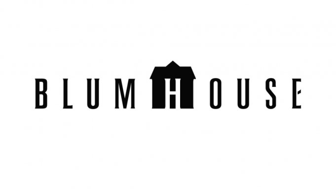 Logo with the text 'BLUMHOUSE' and a black house in place of the letter 'H'