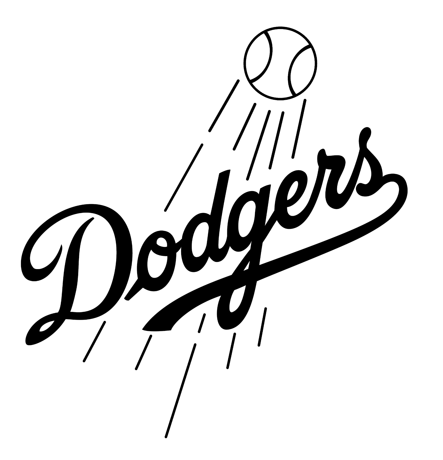 Vintage Dodgers logo with stylized baseball and text in a script font.