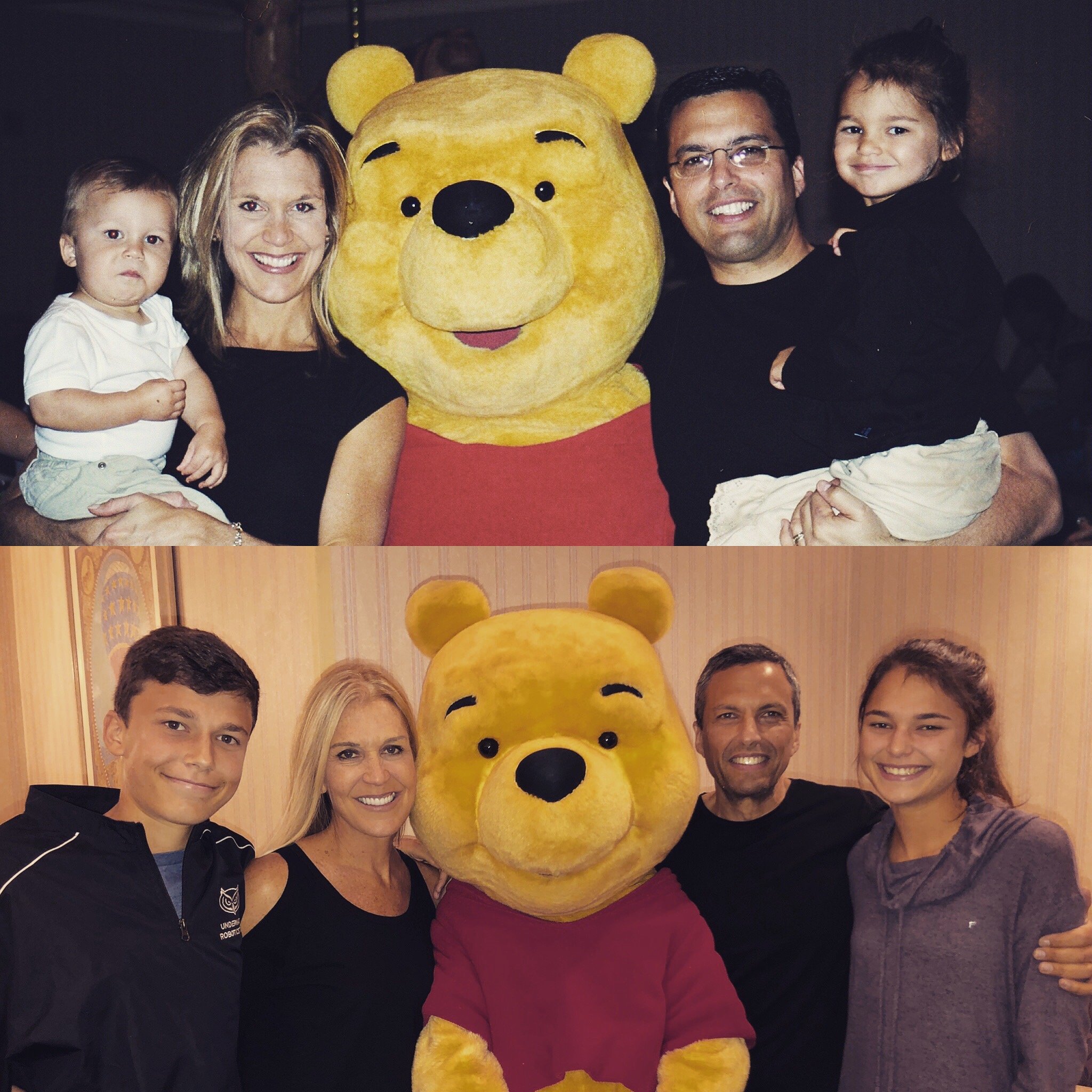 Two family photos with Winnie the Pooh. The photo on top was when Hannah and Max were toddlers. The photo on the bottom is when they are teenagers. The family of four is gathered around Winnie the Pooh.