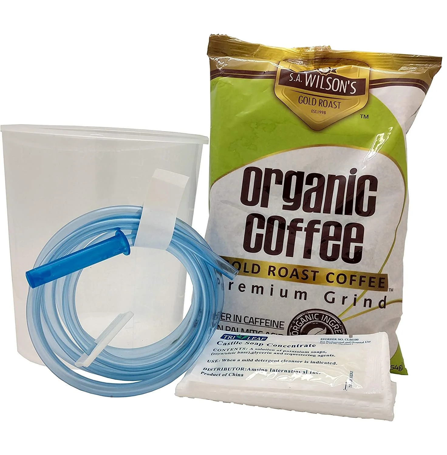 An organic coffee enema kit. A bag of S.A. Wilson's organic coffee with blue tubing  and a cup.