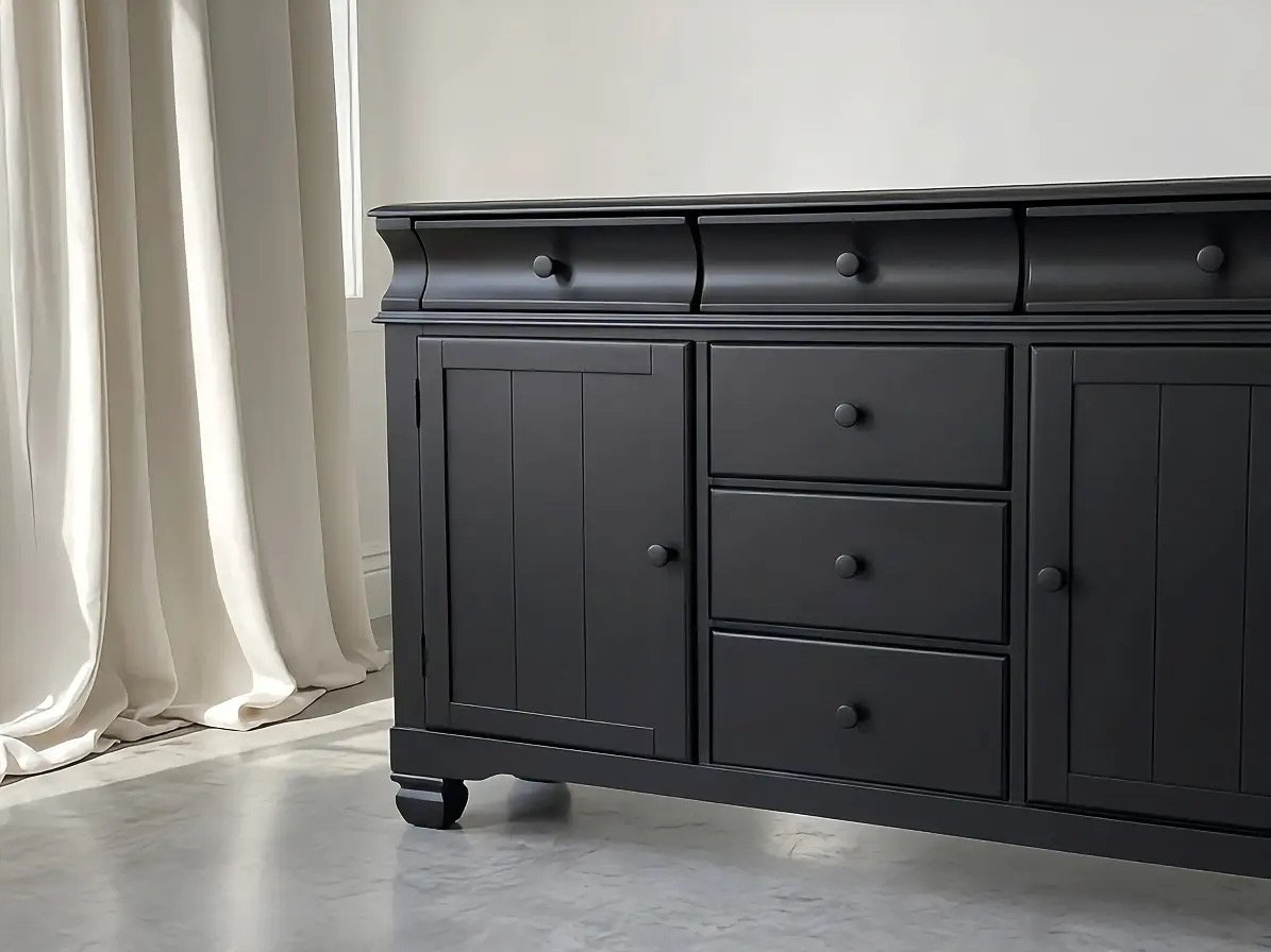 Dark finished sideboard with drawers and cabinet storage