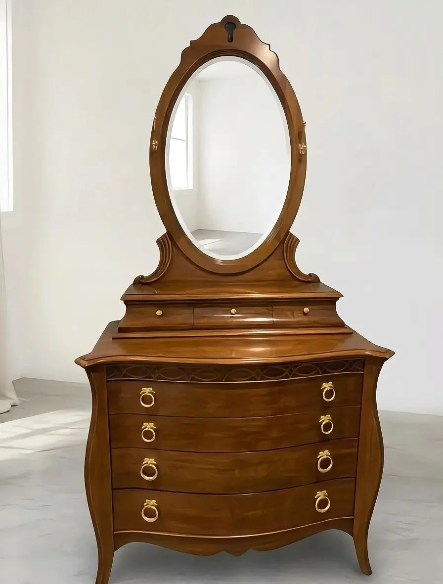 Restored Lexington wood dresser with oval mirror and gold tone hardware