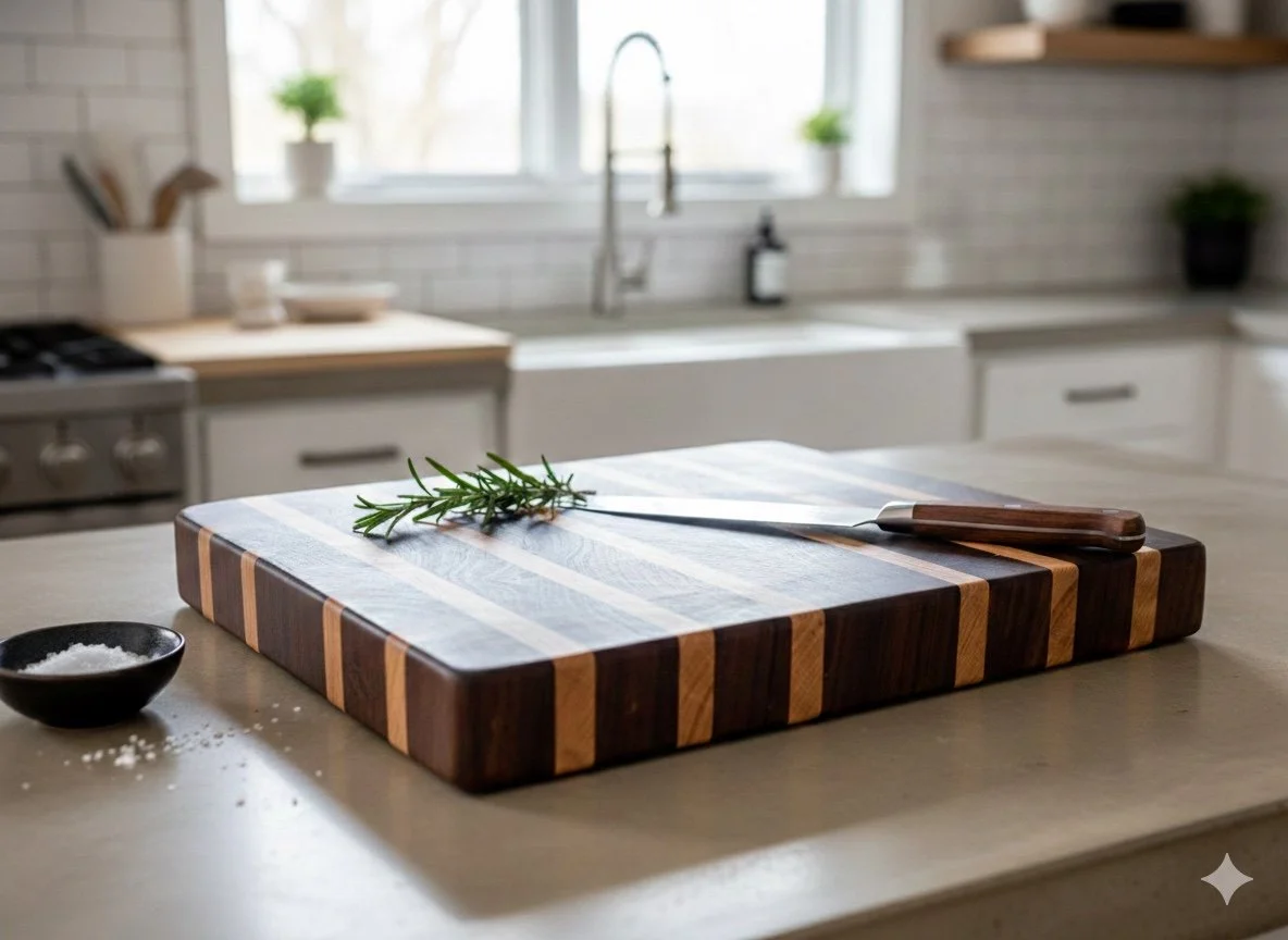Striped wood butcher block with a kitchen knife