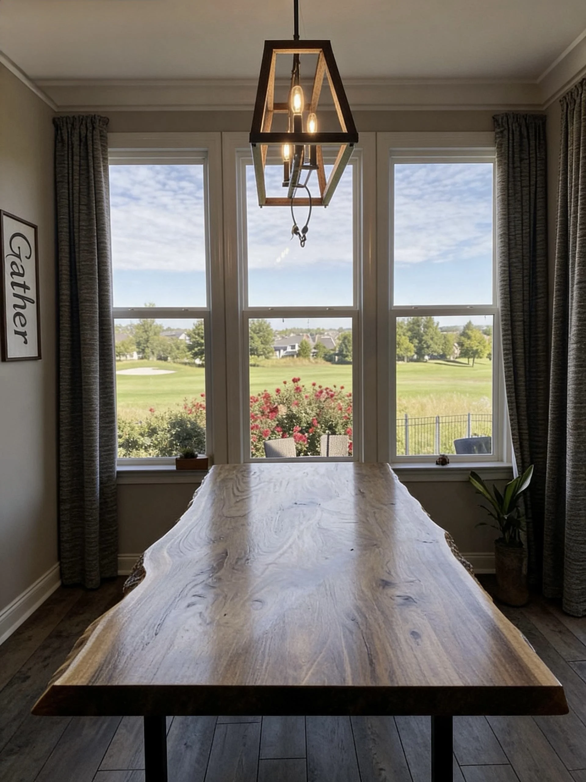 Wood dining table and chairs in a bright sunroom