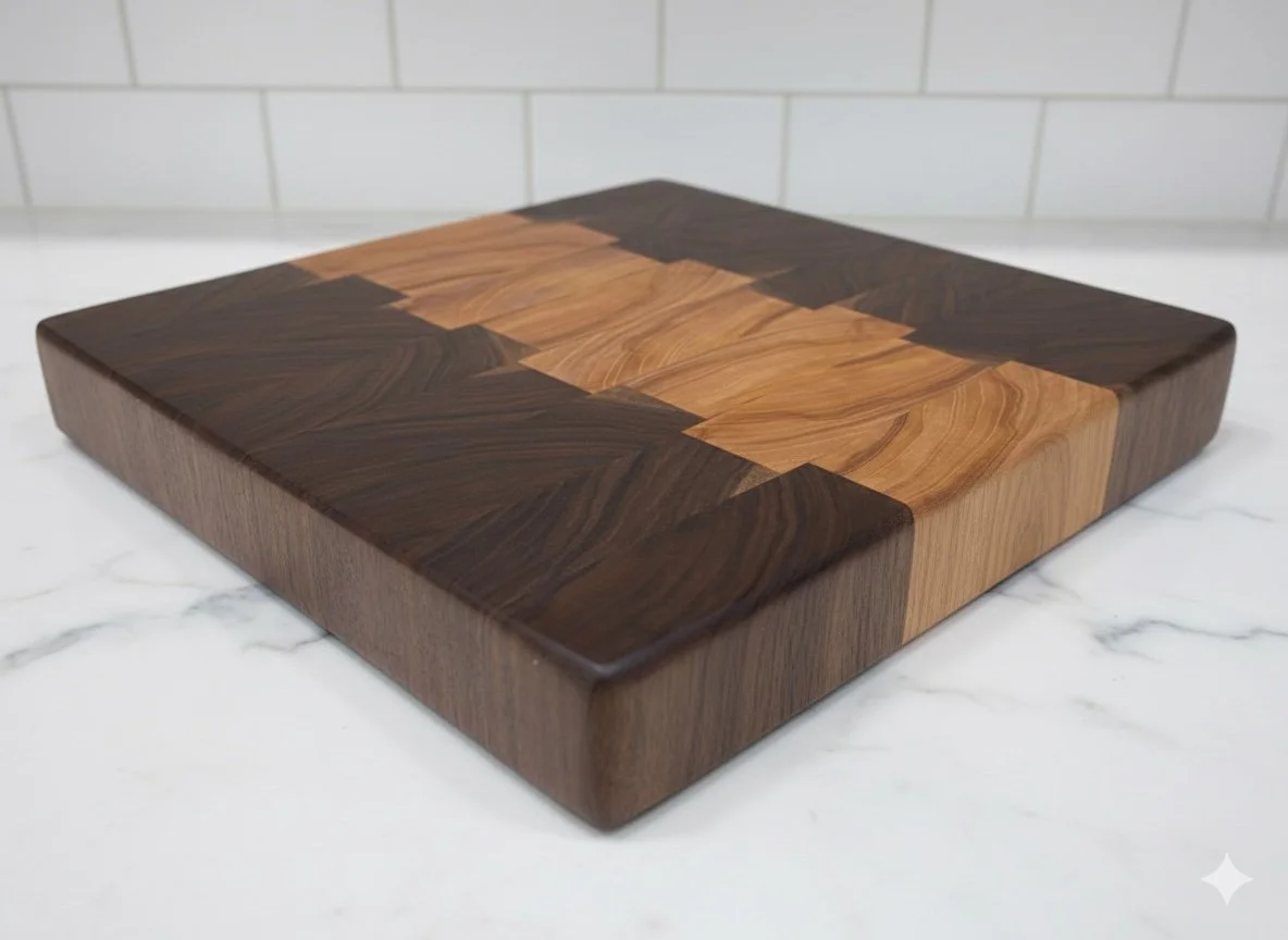 Thick butcher block with contrasting wood grain and rounded edges