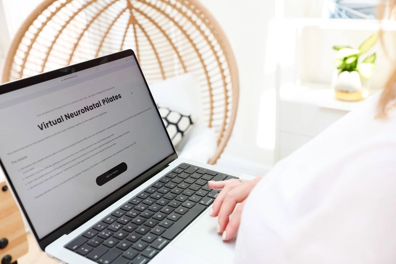 Grid of iPads showing a physiotherapist's website with split sections and bright photographs of a female physio holding a blue yoga mat.