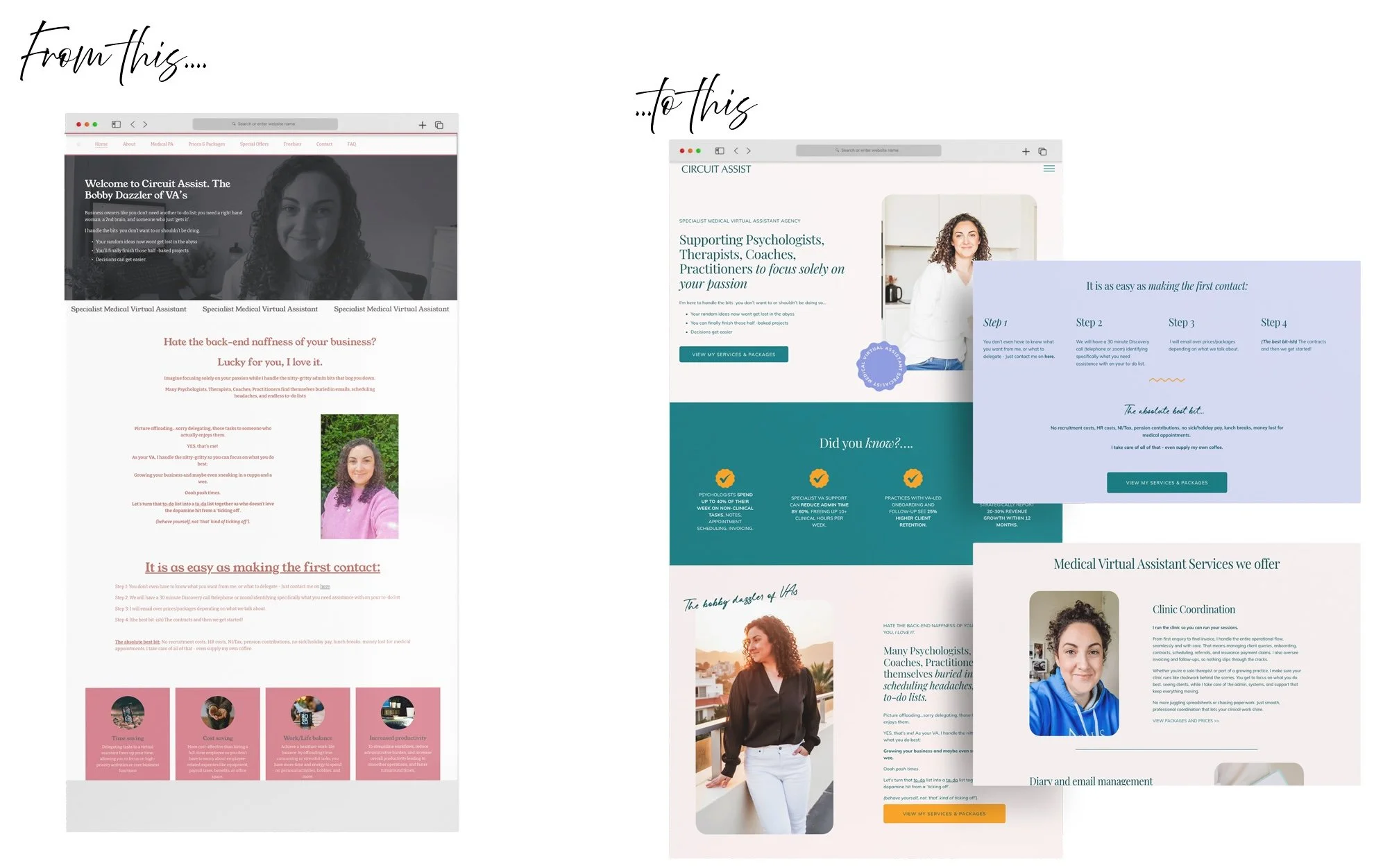 A 'from' this 'to this' graphic for a virtual assistant website showing the before and after versions of her website - the 'after' version being cleaner with a warmer colour palette of cream, lilac, teal and orange