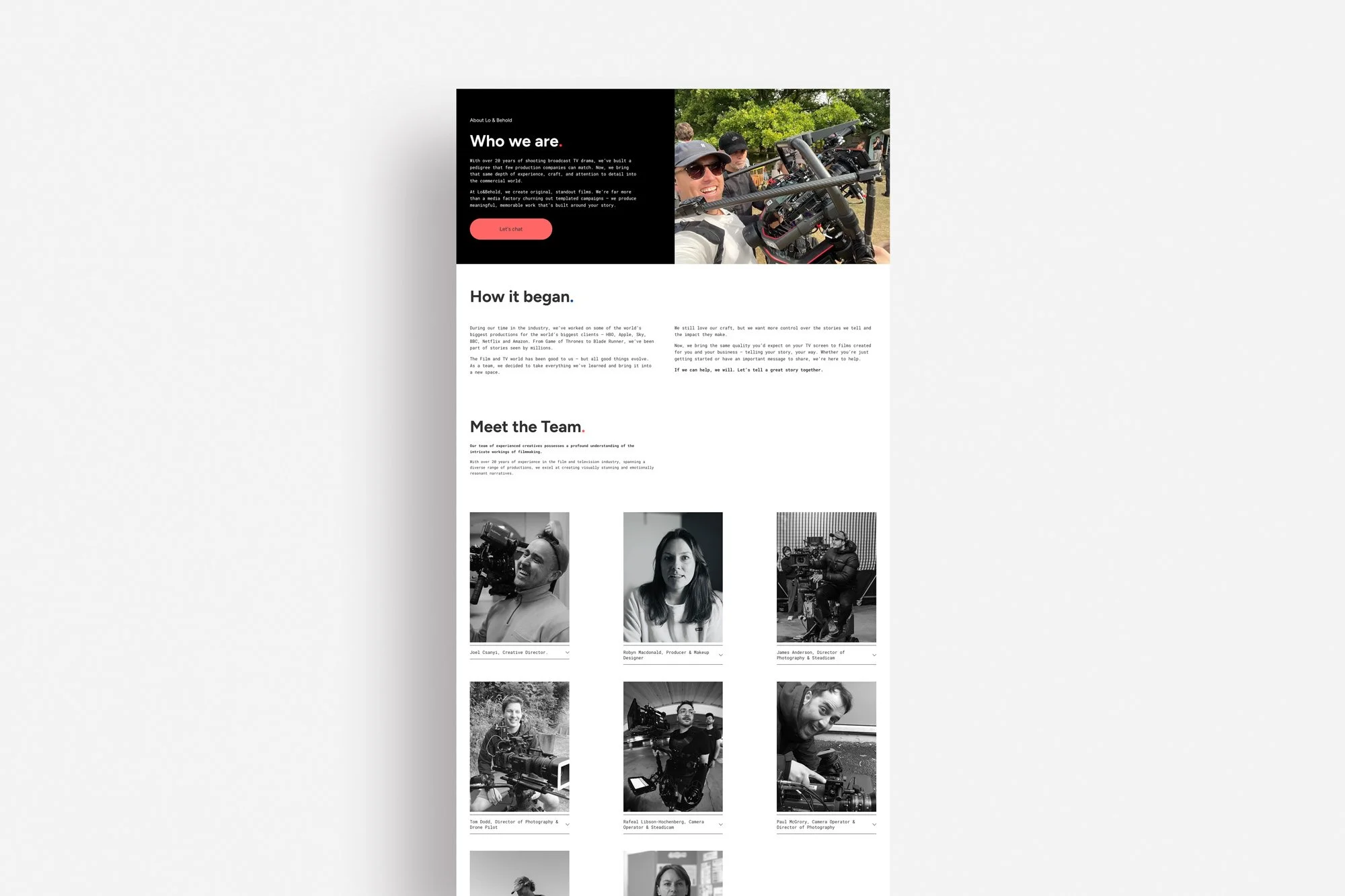 Web browser mockup showing a film production agency's about page on their website with a grid of camera men and women.