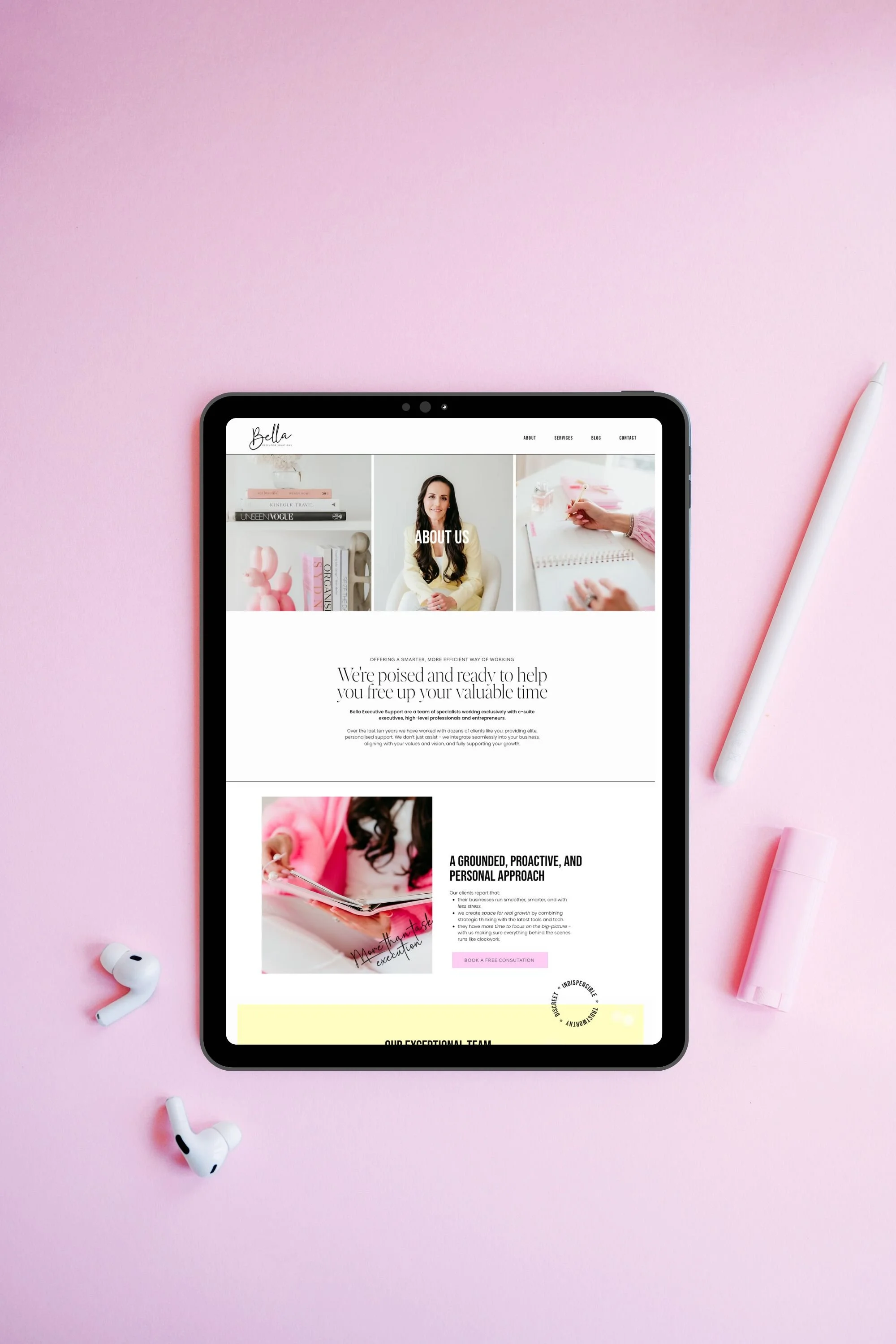 Mockup of an iPad on a pink table - the iPad shows a Virtual Assistant website with gorgeous pink and yellow toned images of a brunette female founder working on her business.