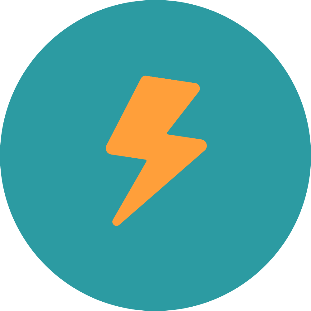 Teal circular brand icon with a bright orange lightening bolt in the centre.