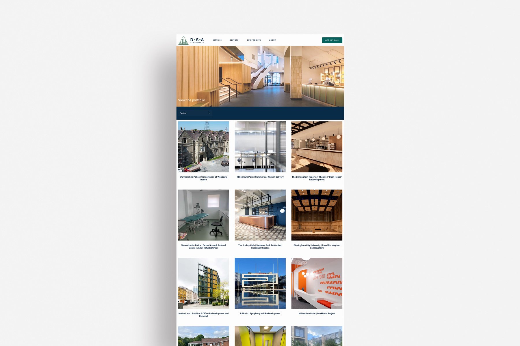A web browser mockup with a screenshot of the portfolio page on a construction project management website. A grid contains many images of commercial buildings.