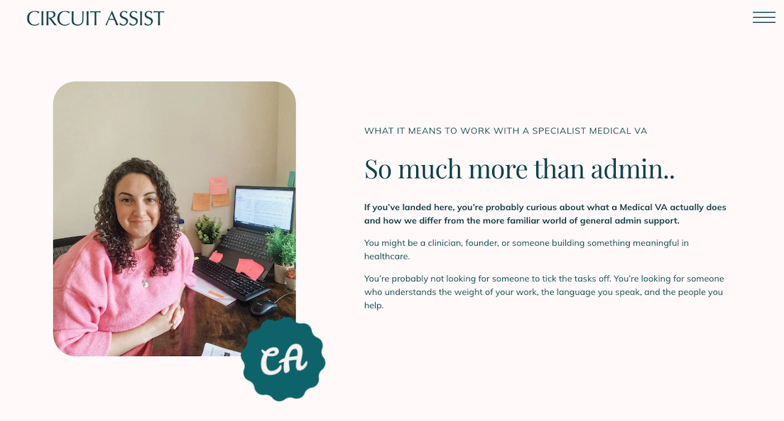 Webpage of a virtual assistant website with an image of a brunette female sitting at a computer, smiling and wearing a pink jumper